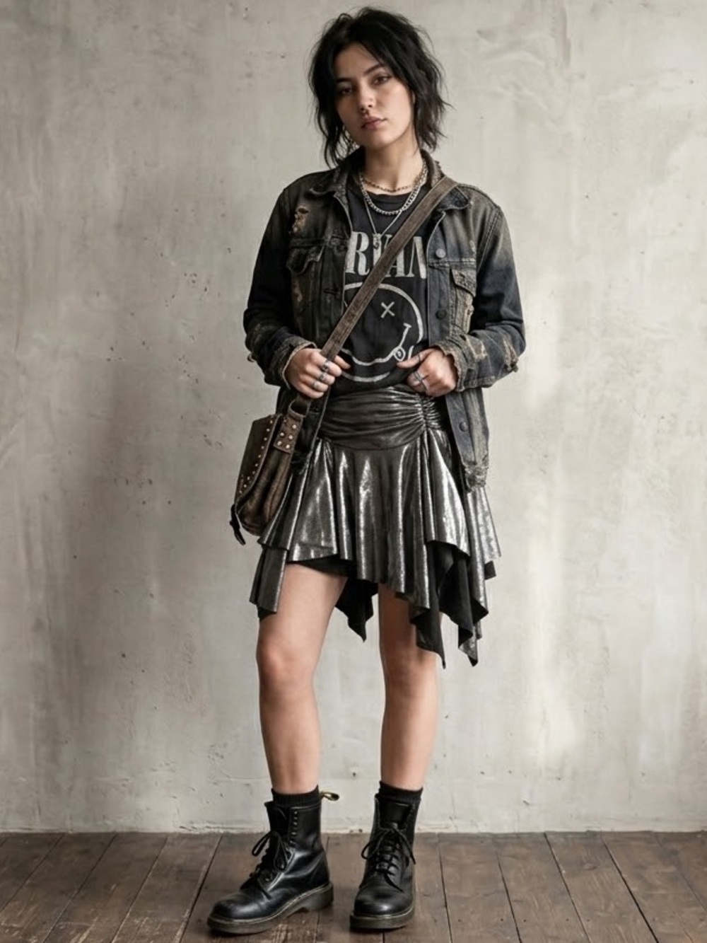 Urban Outfitters Metallic Silver Ruched Asymmetrical Handkerchief Mini Skirt XS